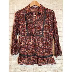 NY Collection Popover Top Womens Medium Pleated Button Front Flowy Rust & Purple